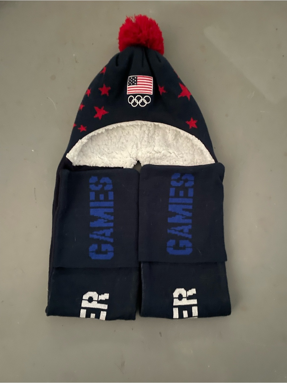 Navy Blue Sherpa-Lined Beanie with Red Pom and Matching Scarf